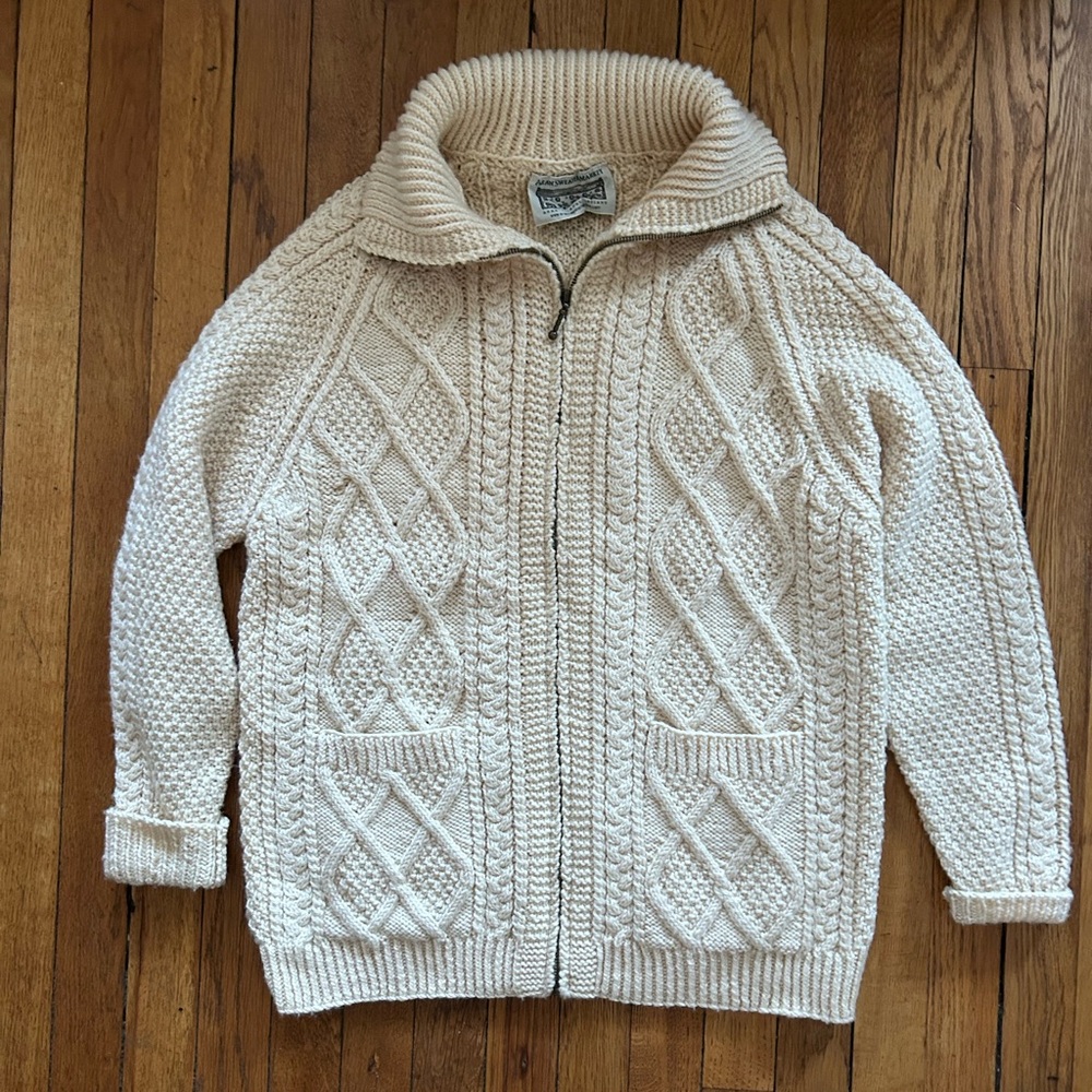 Aran Irish fishermans ivory creamsweater merino pure new wool unisex size medium